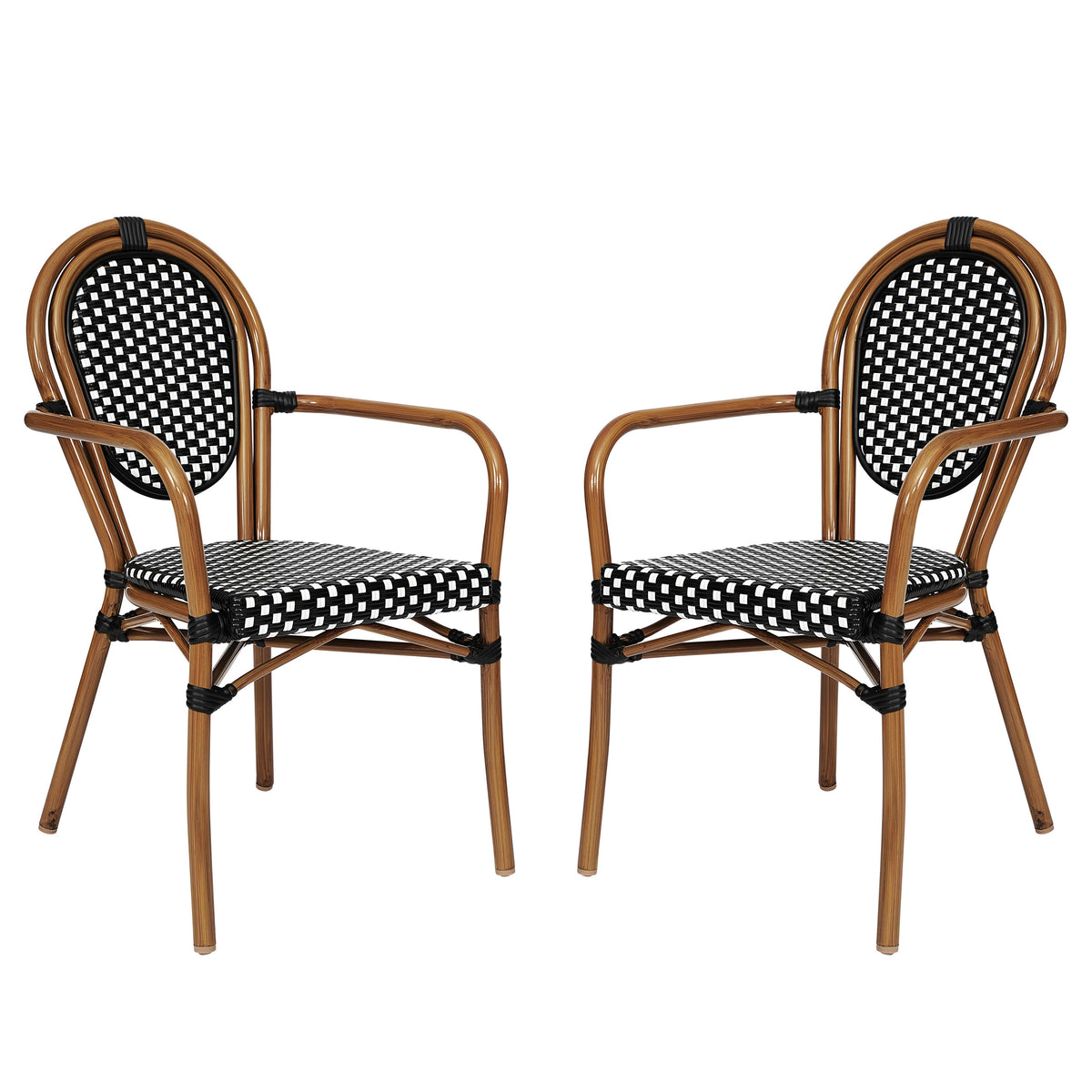 Black & White/Natural Frame |#| 2 PK All-Weather Commercial Paris Chairs with Arms with Metal Frame-Blk/Wht