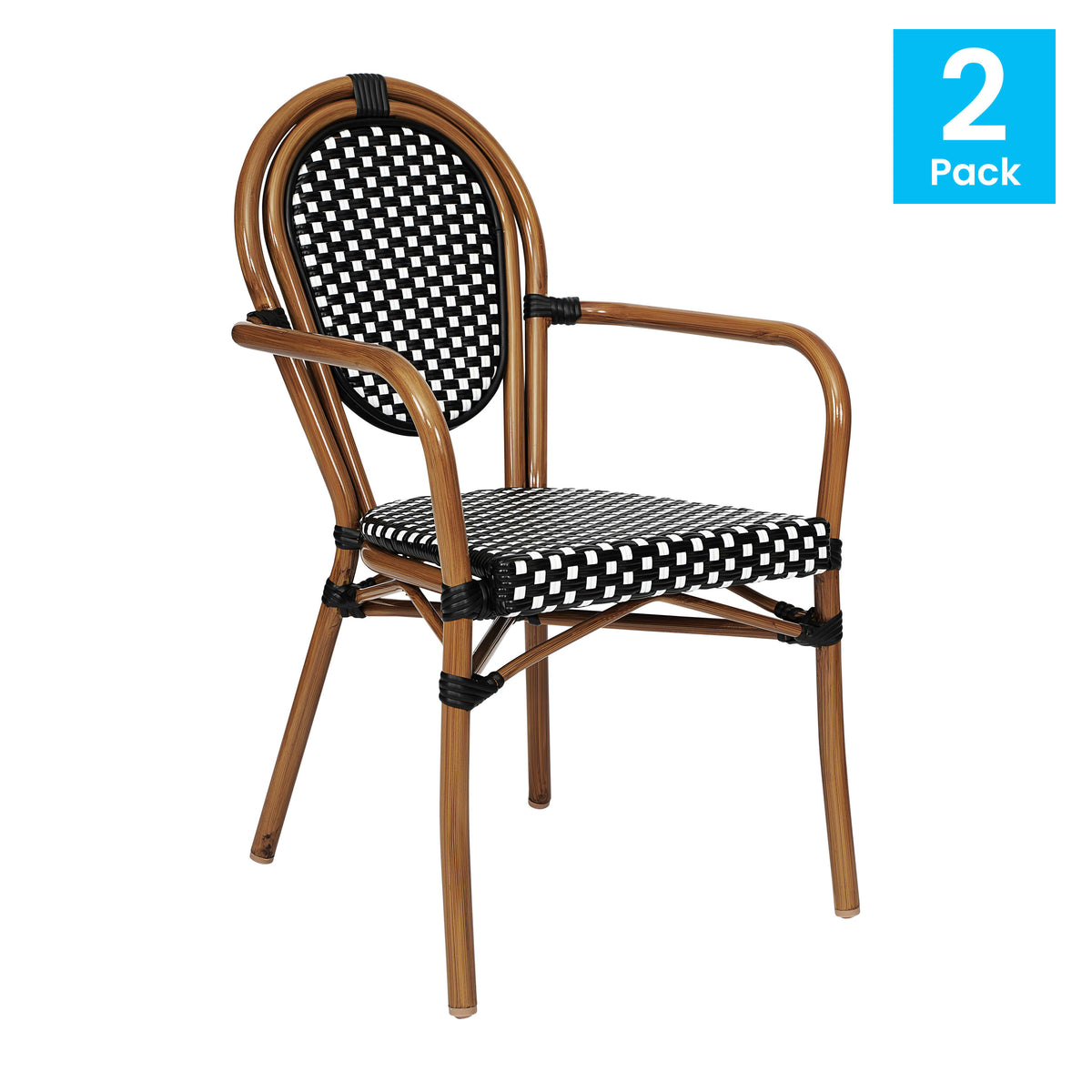 Black & White/Natural Frame |#| 2 PK All-Weather Commercial Paris Chairs with Arms with Metal Frame-Blk/Wht