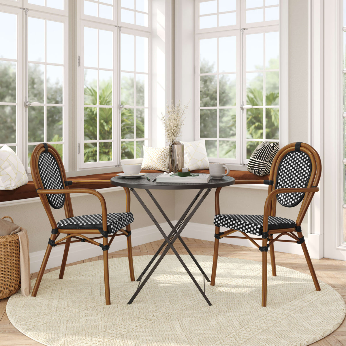 Black & White/Natural Frame |#| 2 PK All-Weather Commercial Paris Chairs with Arms with Metal Frame-Blk/Wht