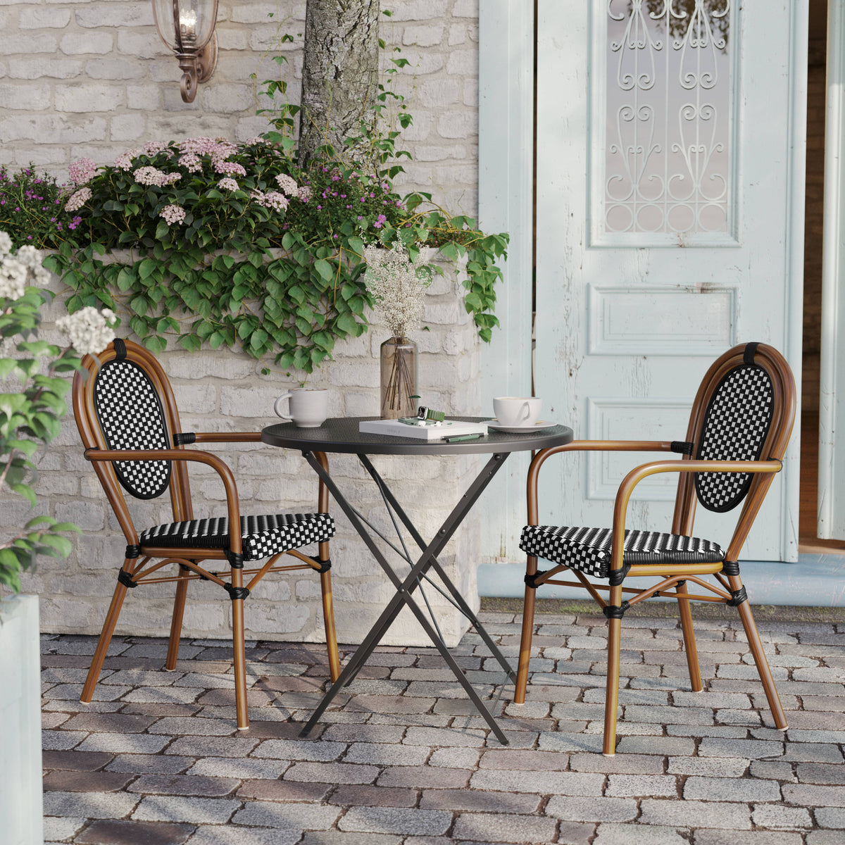 Black & White/Natural Frame |#| 2 PK All-Weather Commercial Paris Chairs with Arms with Metal Frame-Blk/Wht