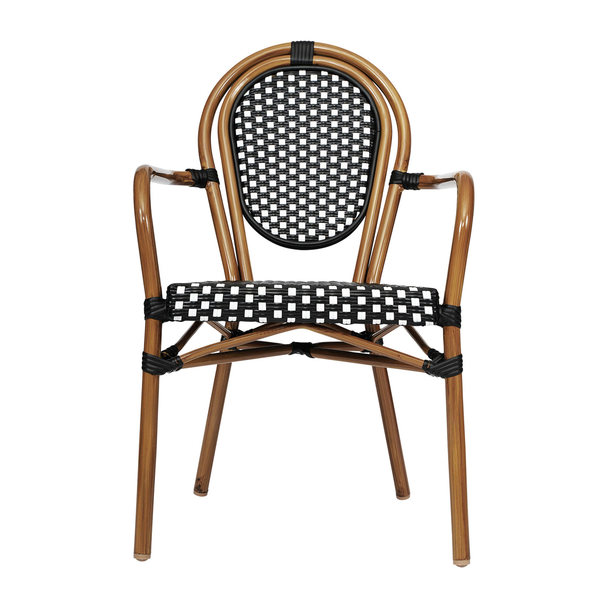 Black & White/Natural Frame |#| 2 PK All-Weather Commercial Paris Chairs with Arms with Metal Frame-Blk/Wht