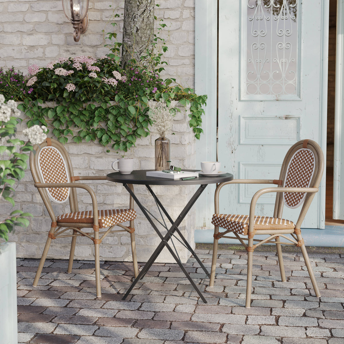 Natural & White/Light Natural Frame |#| 2 PK All-Weather Commercial Paris Chairs with Bamboo Print Metal Frame-Nat/White