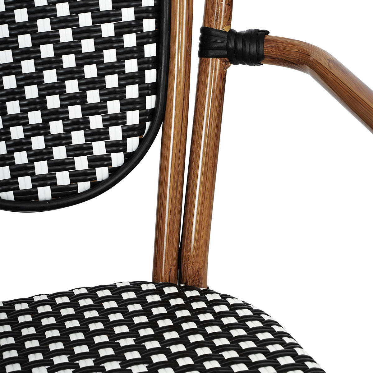 Black & White/Natural Frame |#| 2 PK All-Weather Commercial Paris Chairs with Arms with Metal Frame-Blk/Wht