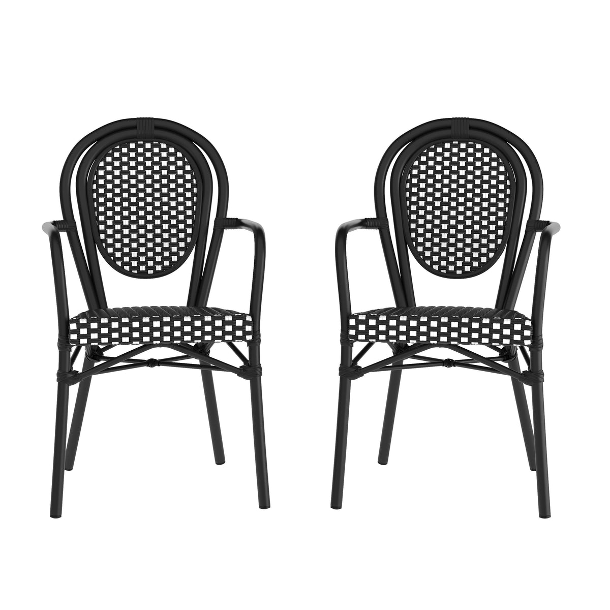 Black & White/Black Frame |#| 2 Pack All-Weather Commercial Paris Chairs with Black Metal Frame-White/Black