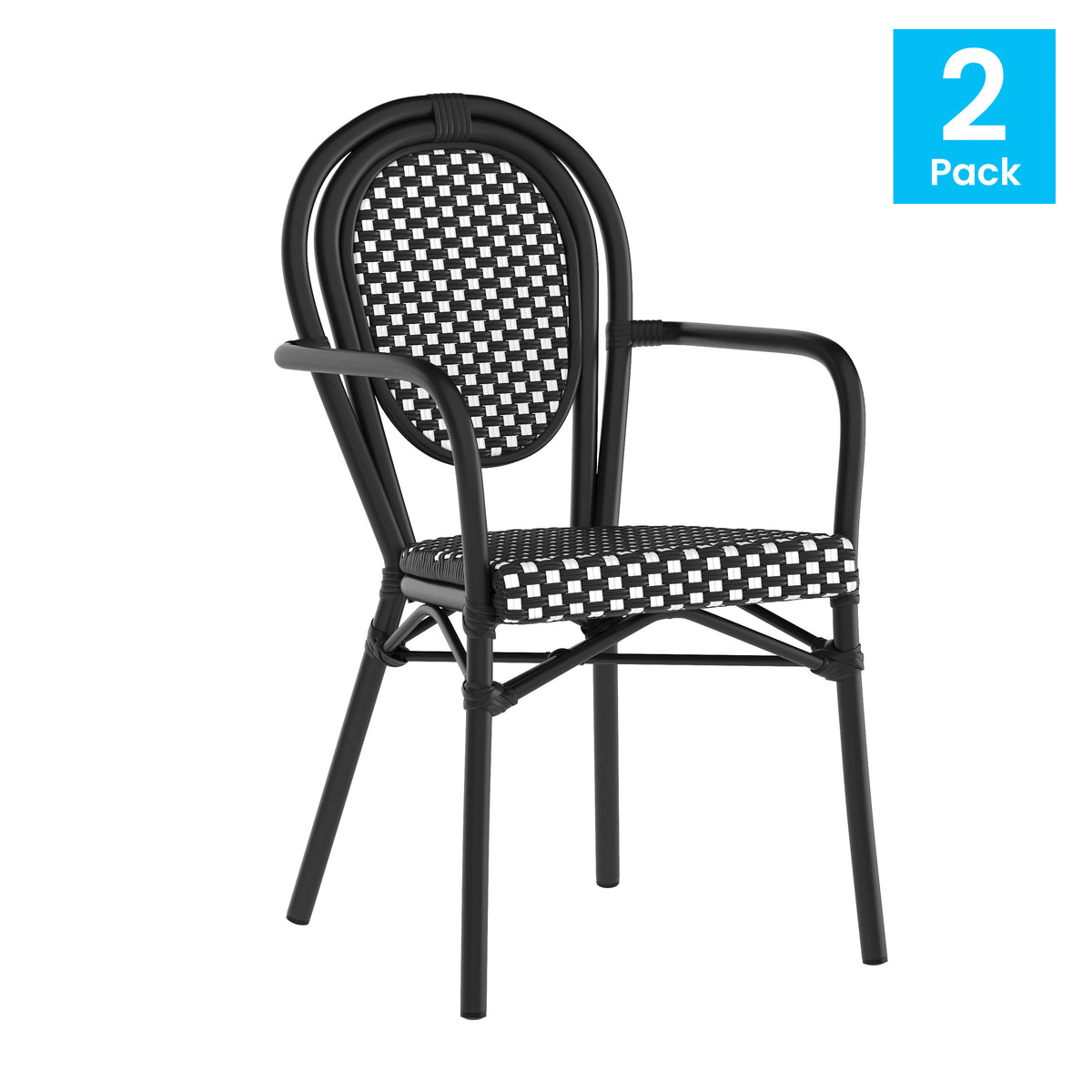Black & White/Black Frame |#| 2 Pack All-Weather Commercial Paris Chairs with Black Metal Frame-White/Black