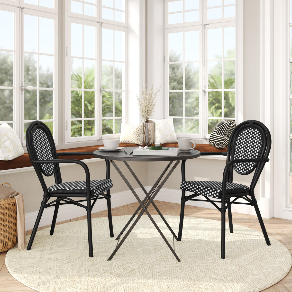 Black & White/Black Frame |#| 2 Pack All-Weather Commercial Paris Chairs with Black Metal Frame-White/Black