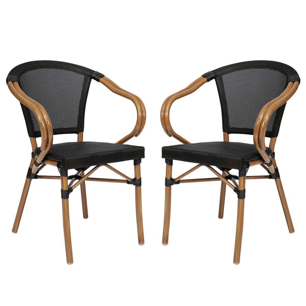 Black/Natural Frame |#| 2 PK All-Weather Commercial Paris Chairs with Arms and Natural Metal Frame-Black