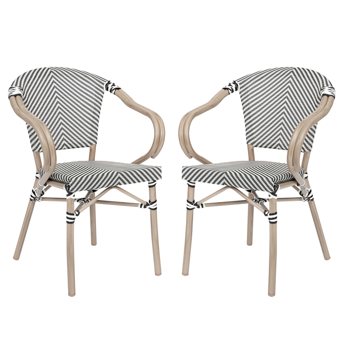 Black & White/Light Natural Frame |#| 2 All-Weather Commercial Paris Chairs with Arms and LT NAT Metal Frame-Blk/Wht