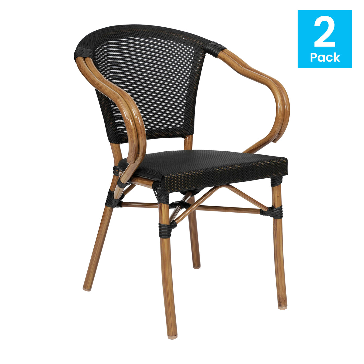 Black/Natural Frame |#| 2 PK All-Weather Commercial Paris Chairs with Arms and Natural Metal Frame-Black