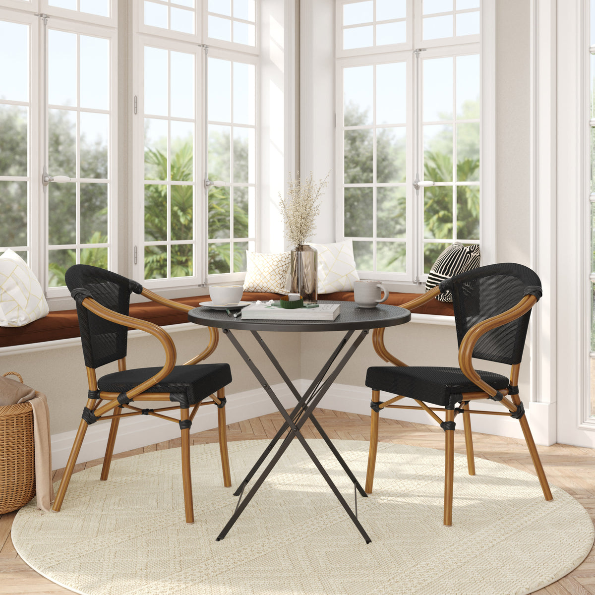 Black/Natural Frame |#| 2 PK All-Weather Commercial Paris Chairs with Arms and Natural Metal Frame-Black