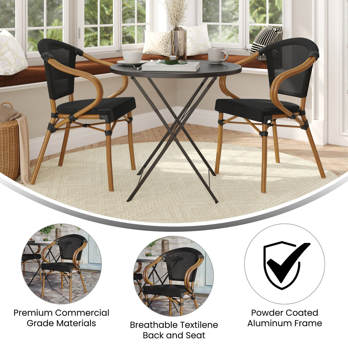 Black/Natural Frame |#| 2 PK All-Weather Commercial Paris Chairs with Arms and Natural Metal Frame-Black
