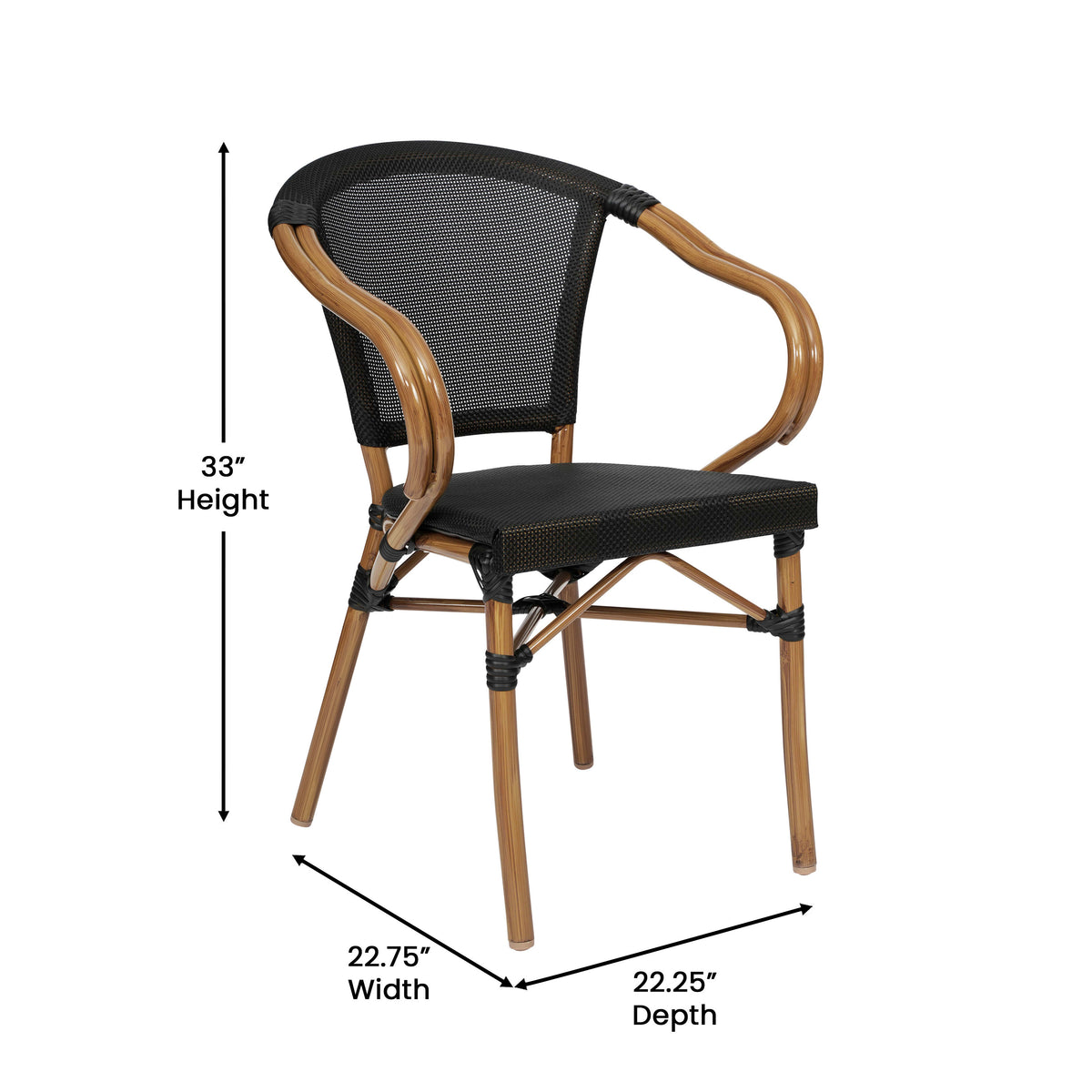 Black/Natural Frame |#| 2 PK All-Weather Commercial Paris Chairs with Arms and Natural Metal Frame-Black