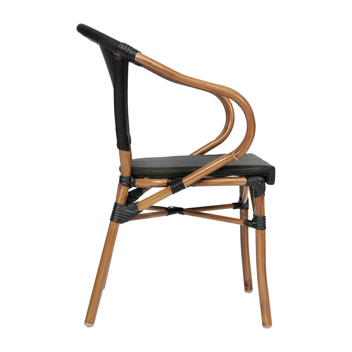 Black/Natural Frame |#| 2 PK All-Weather Commercial Paris Chairs with Arms and Natural Metal Frame-Black
