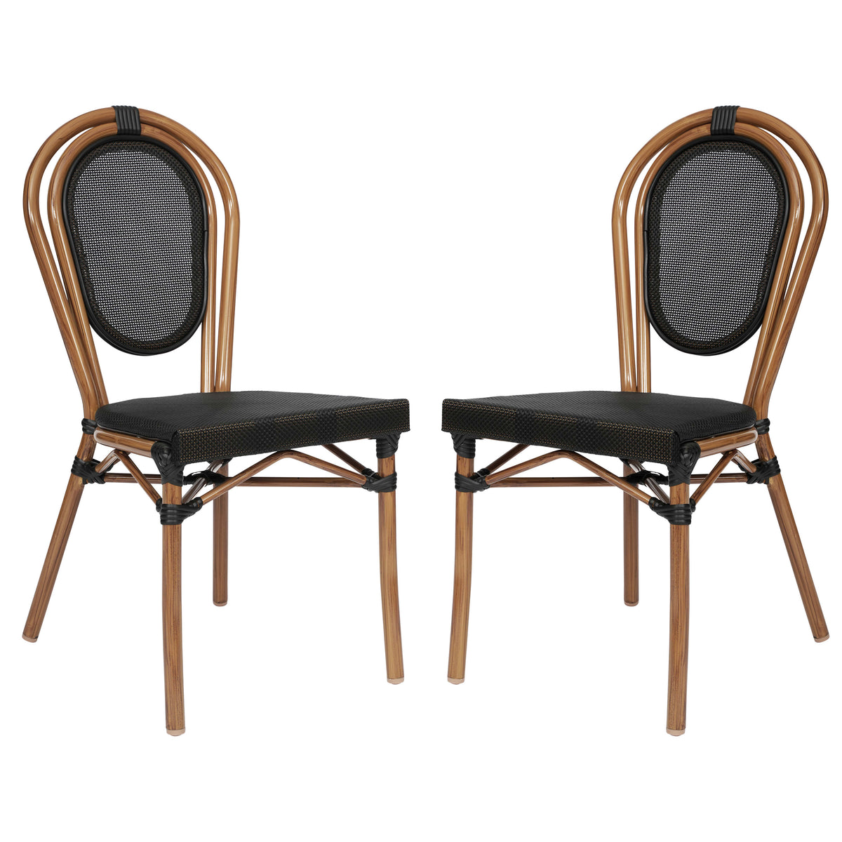 Black/Natural Frame |#| 2 Pack All-Weather Commercial Paris Chairs with Natural Metal Frames-Black