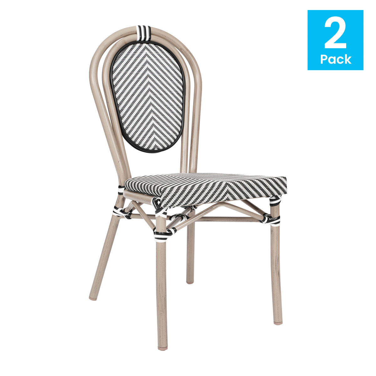 Black & White/Light Natural Frame |#| 2 All-Weather Commercial Paris Chairs with LT Natural Metal Frame-Black/White