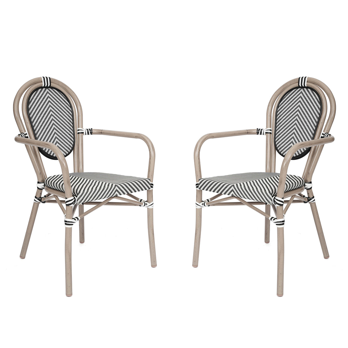 Black & White/Light Natural Frame |#| 2 All-Weather Commercial Paris Chairs with Arms with Metal Frame-Black/White
