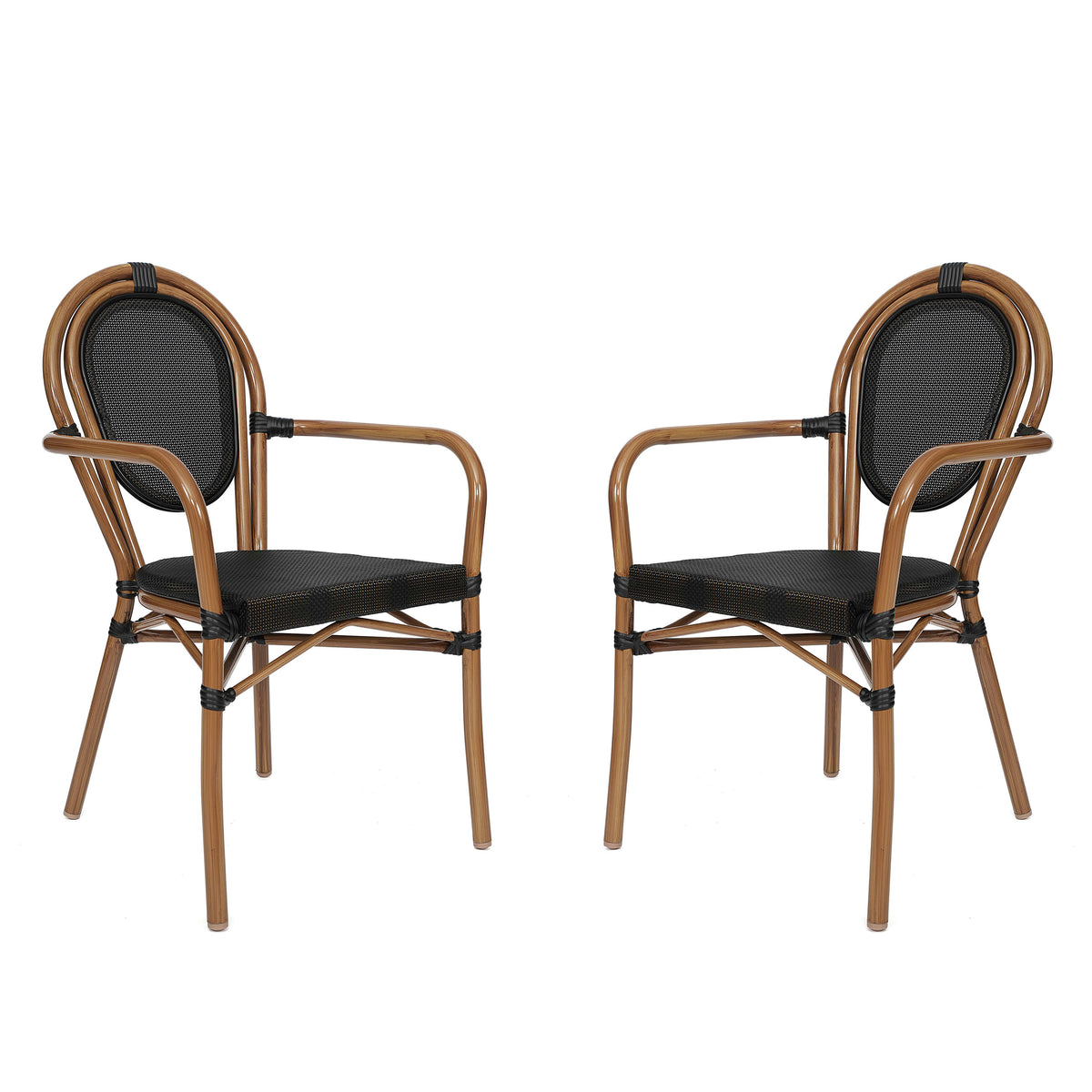 Black/Natural Frame |#| 2 PK All-Weather Commercial Paris Chairs with Arms and Natural Metal Frame-Black