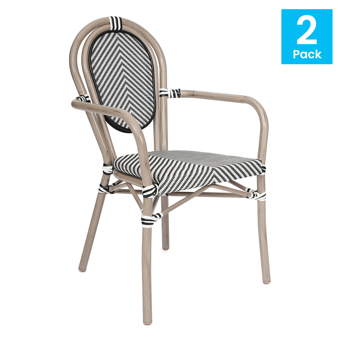 Black & White/Light Natural Frame |#| 2 All-Weather Commercial Paris Chairs with Arms with Metal Frame-Black/White