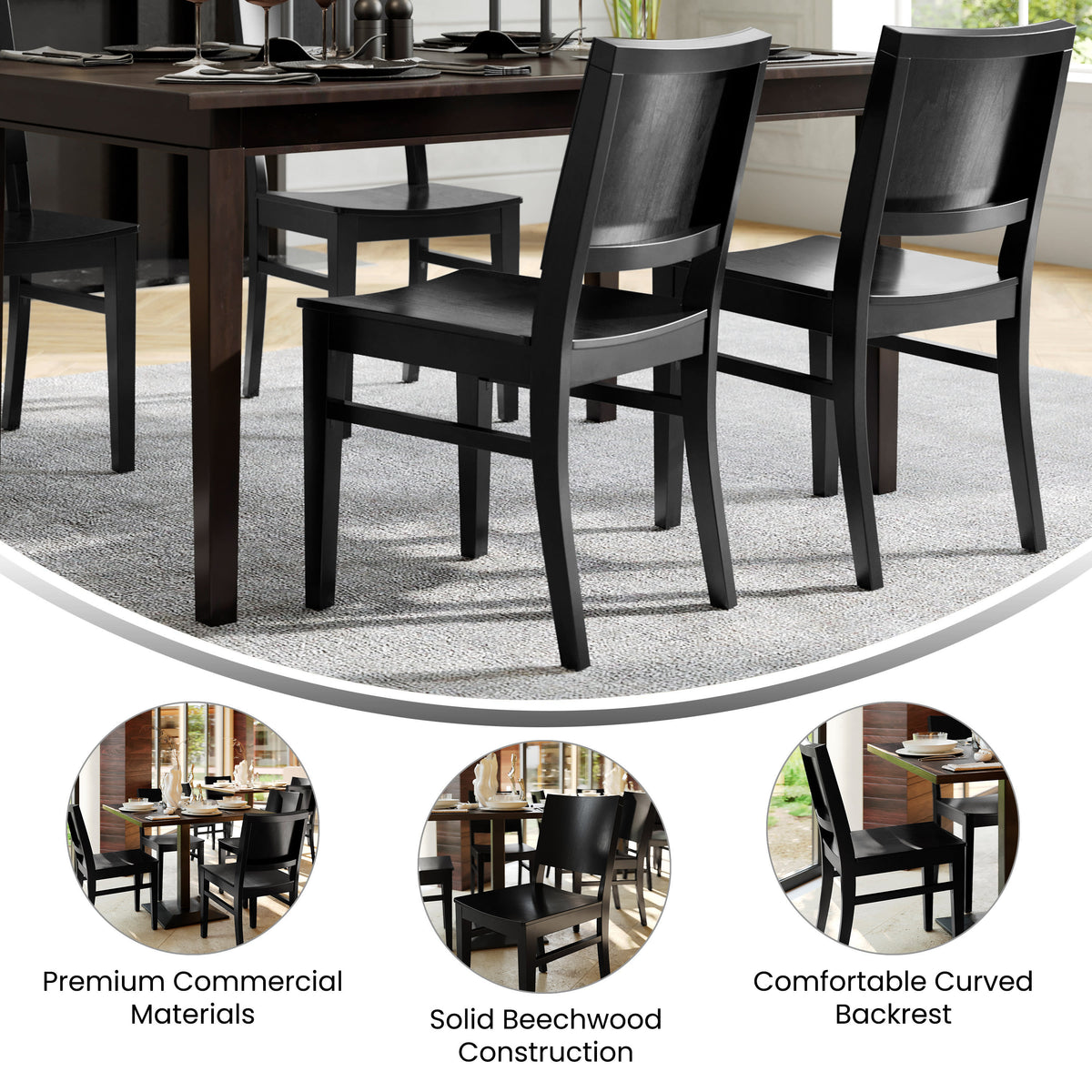Black |#| 2 Pack Commercial Solid Wood Dining Chair with Curved Backrest in Black