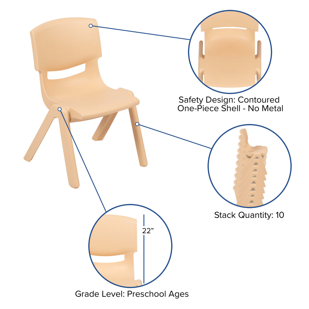 Natural |#| 2 Pack Natural Plastic Stackable School Chair with 12"H Seat, Preschool Seating