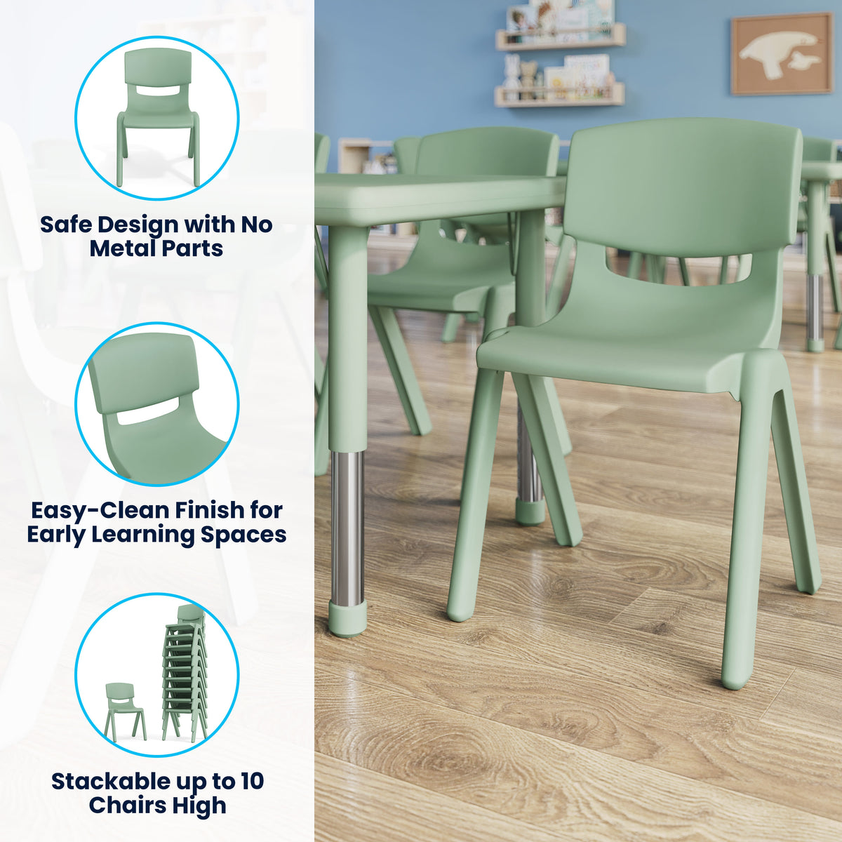 Sage |#| Set of 2 Plastic Stacking School Chairs with 12" Seat Height in Sage