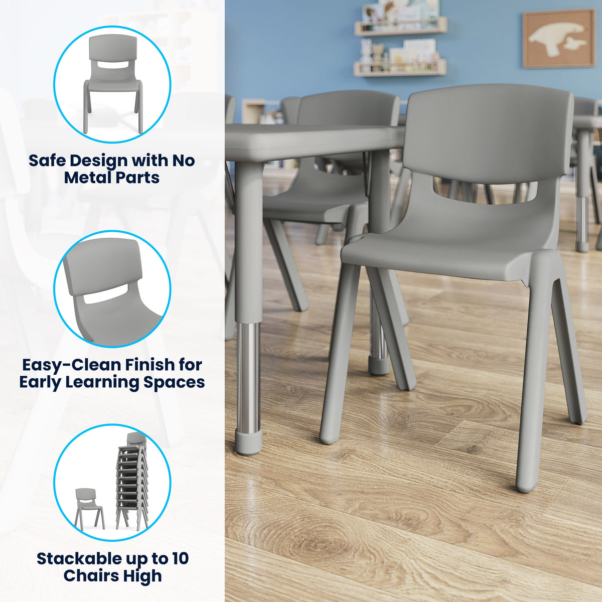 Soft Gray |#| Set of 2 Plastic Stacking School Chairs with 12" Seat Height in Soft Gray