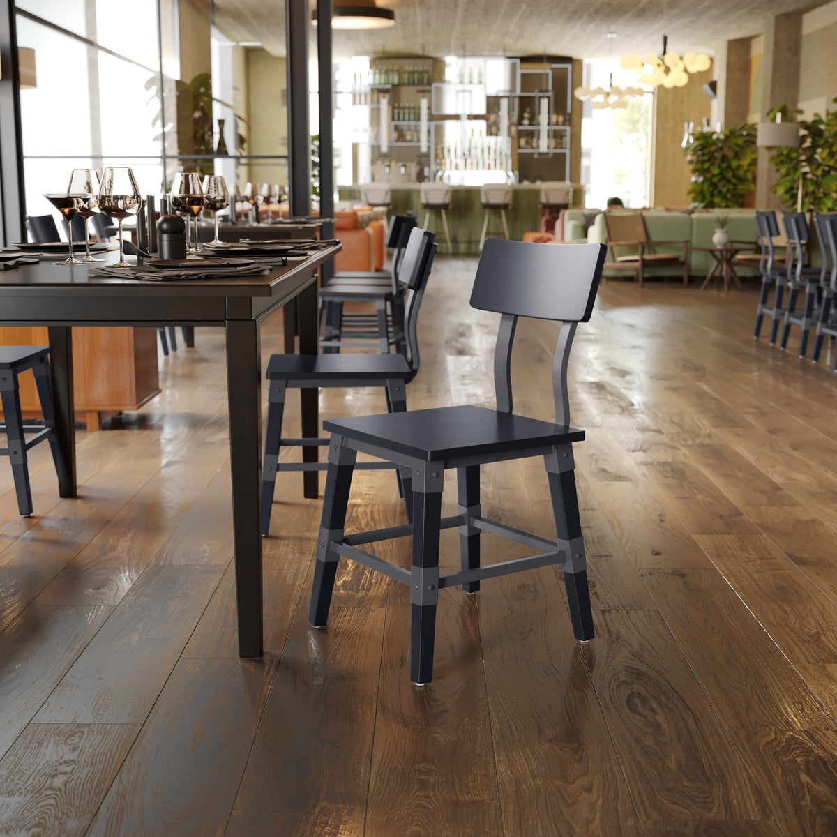 Black |#| 2 Pack Commercial Rustic Black Industrial Style Wood Dining Chair