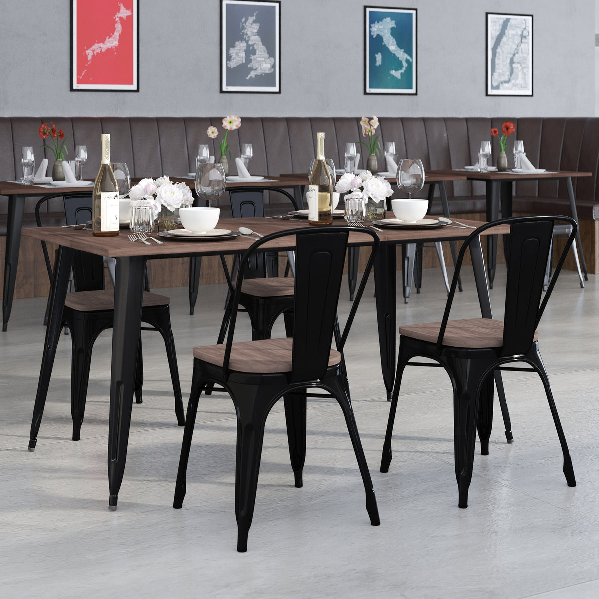 Black |#| 30.25" x 60" Black Metal Table Set with Wood Top and 4 Stack Chairs