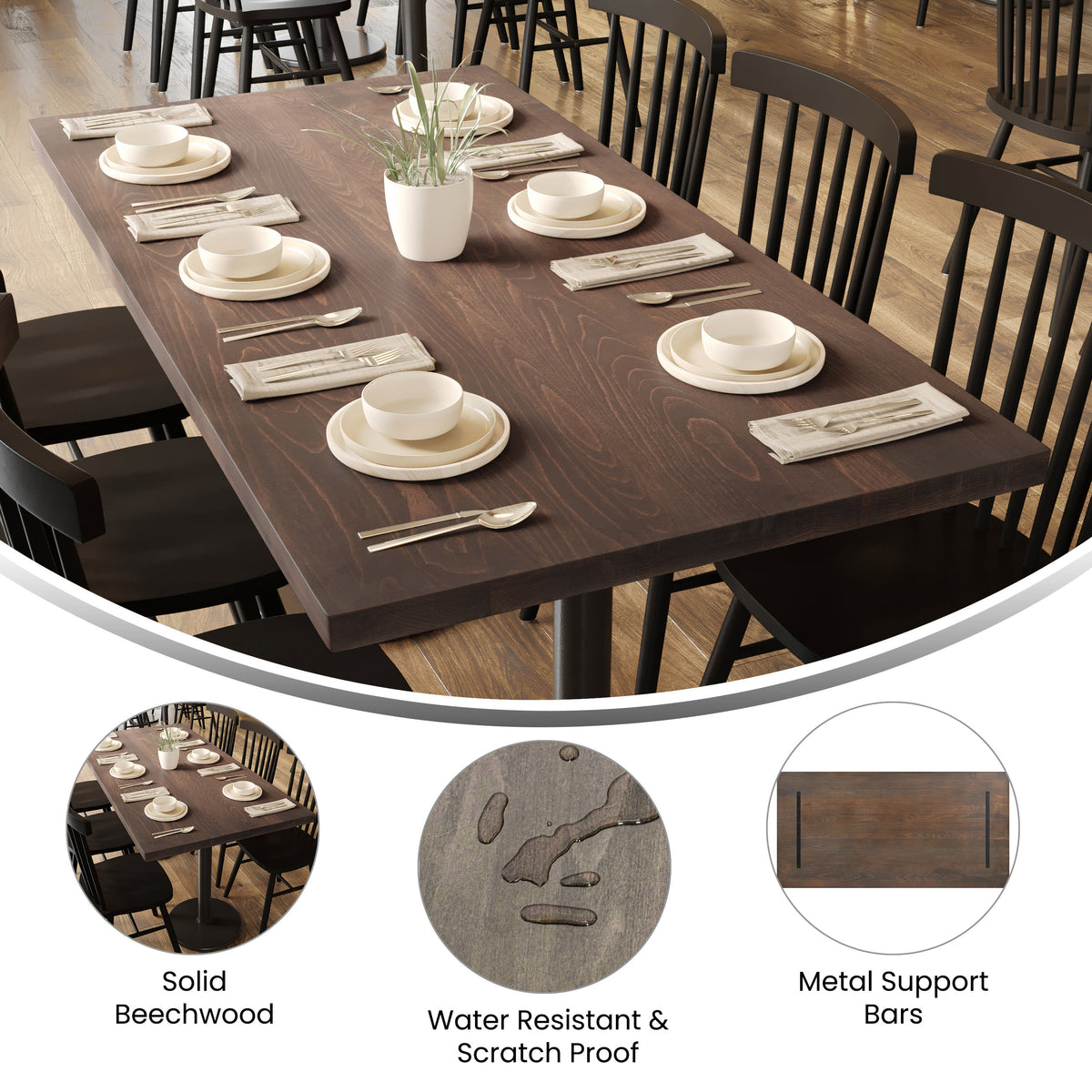Dark Brown |#| 30x60 Commercial Solid Wood Tabletop with Support Bars for Indoor Use-Dark Brown