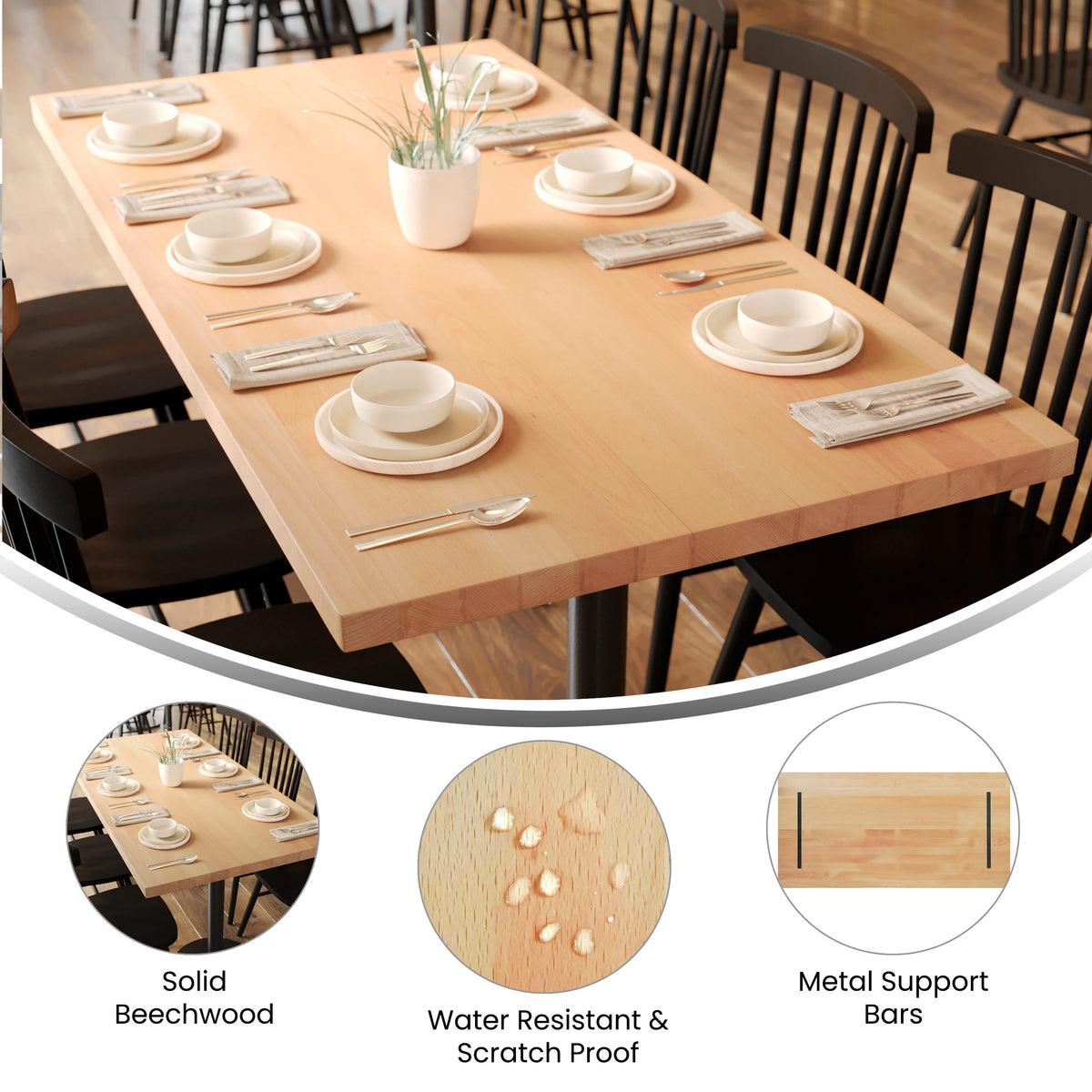 Natural |#| 30x60 Commercial Solid Wood Tabletop with Support Bars for Indoor Use-Natural