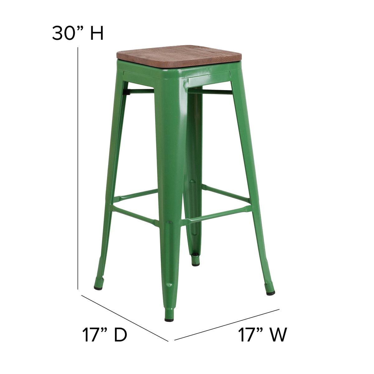 Green |#| 30" High Backless Green Metal Barstool with Square Wood Seat - Kitchen Furniture