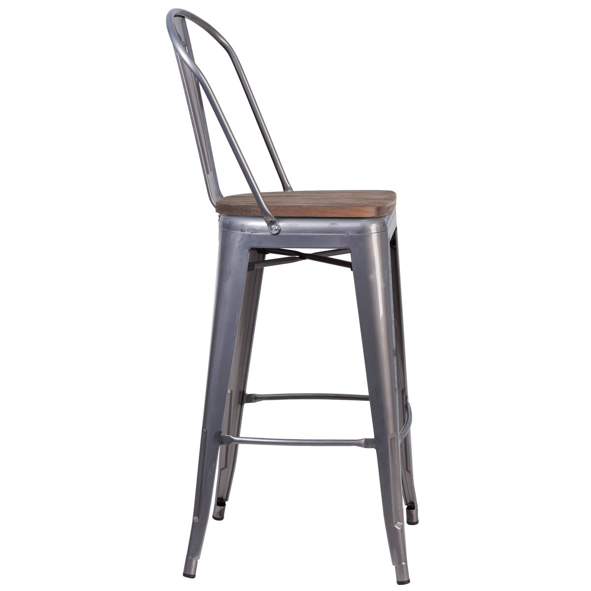 30" High Silver Antique Clear Coat Barstool with Back and Wood Seat