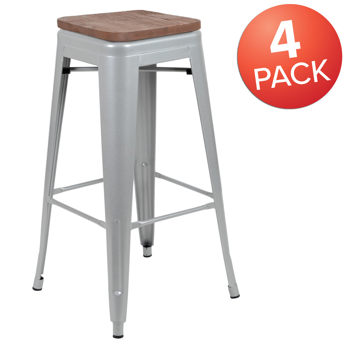 Silver |#| 4 Pack 30" High Metal Indoor Bar Stool - Stackable Stool, Silver