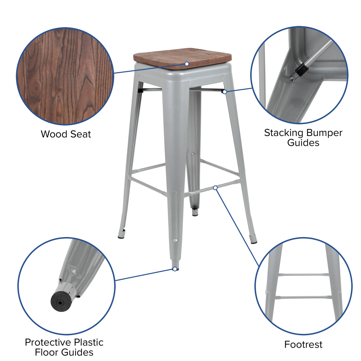Silver |#| 4 Pack 30" High Metal Indoor Bar Stool - Stackable Stool, Silver