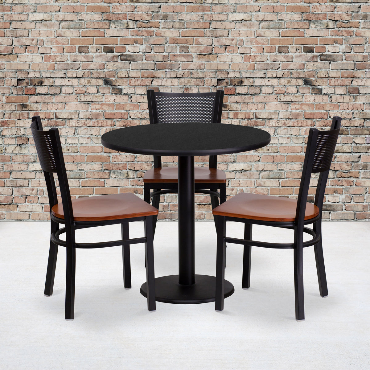 30" Round Black Laminate Table Set with 3 Metal Chairs - Cherry Wood Seat