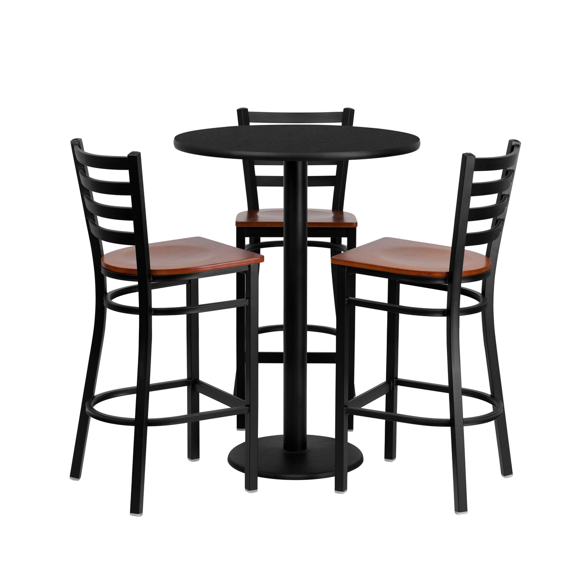 30" Round Black Laminate Table Set with 3 Metal Barstools - Cherry Wood Seat