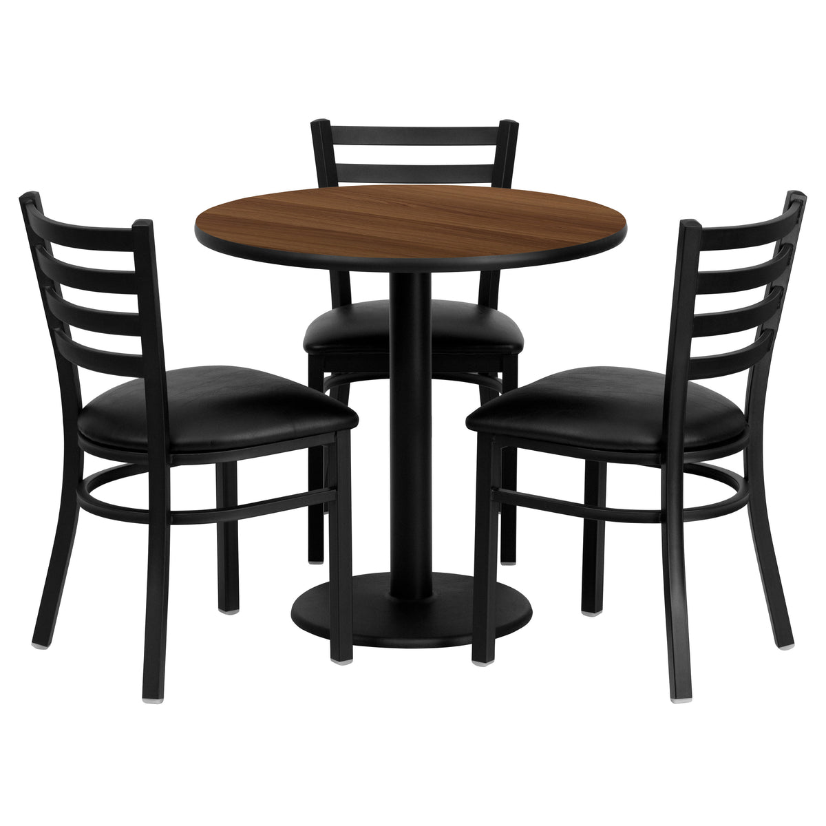 30" Round Walnut Laminate Table Set with 3 Metal Chairs - Black Vinyl Seat