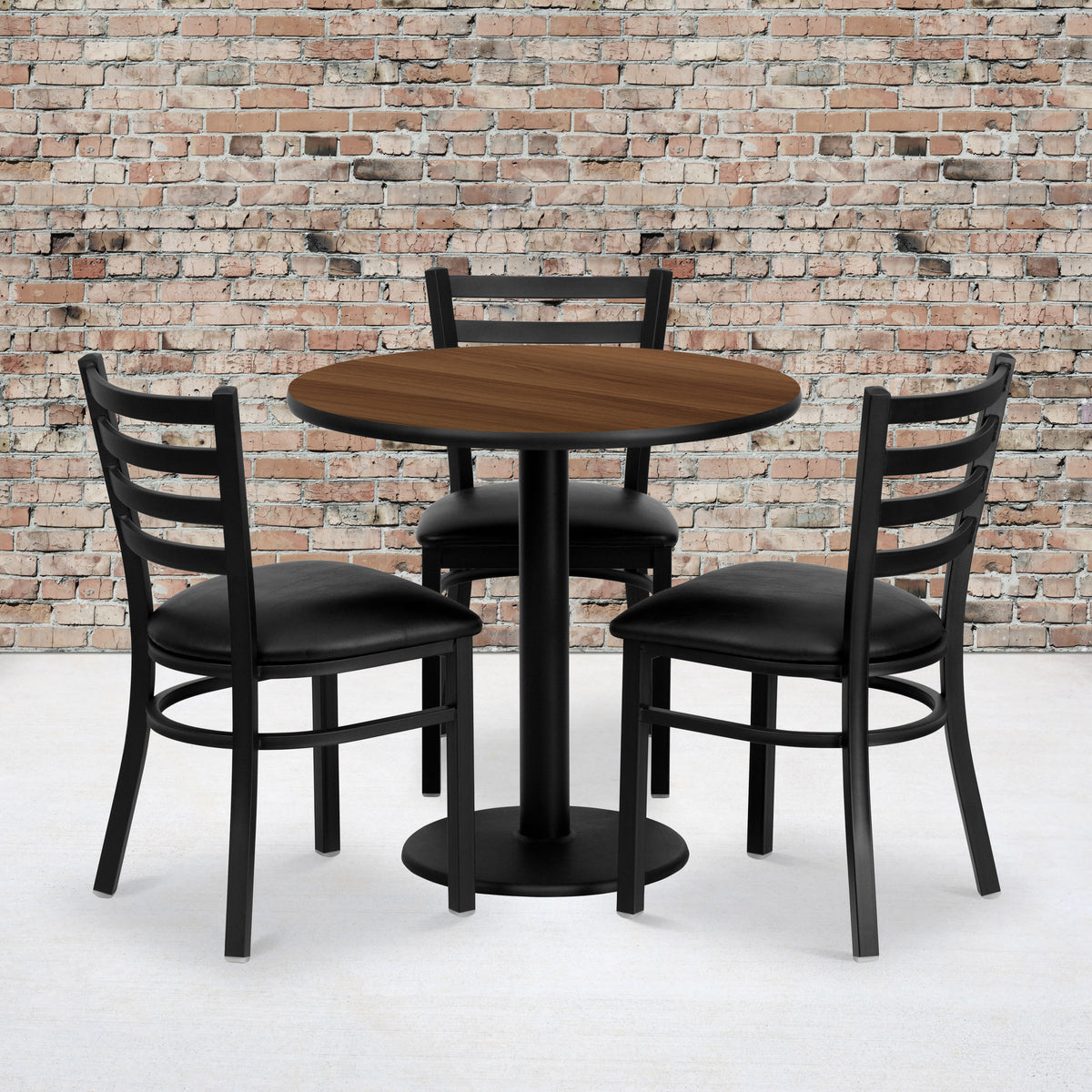 30" Round Walnut Laminate Table Set with 3 Metal Chairs - Black Vinyl Seat
