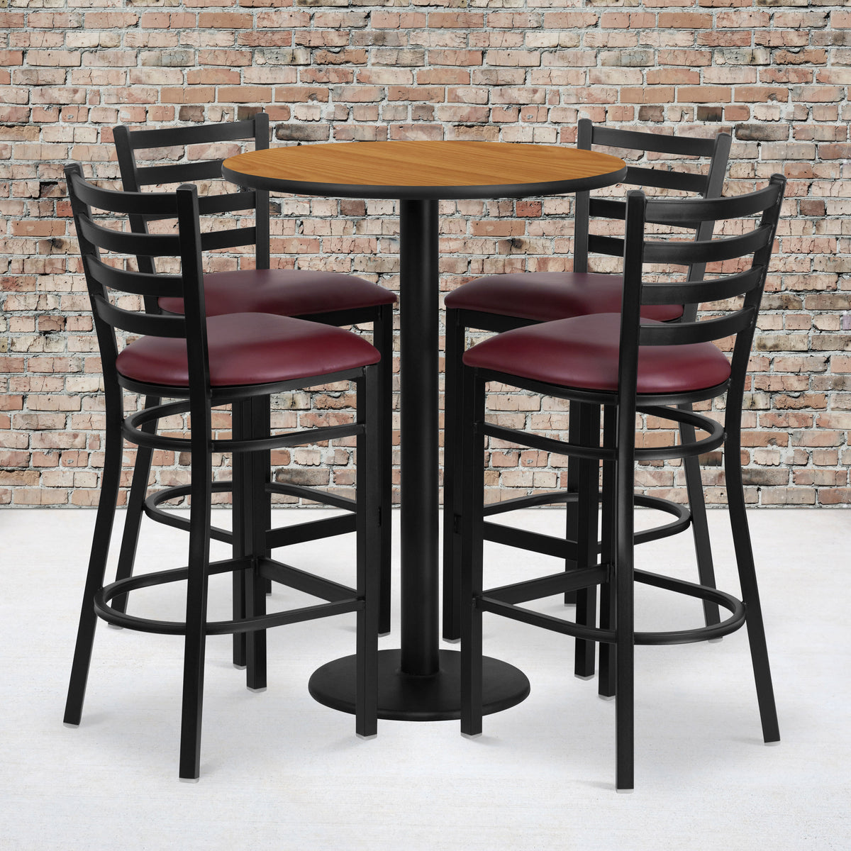 Natural Top/Burgundy Vinyl Seat |#| 30" Round Natural Laminate Table w/ Round Base & 4 Ladder Back Metal Barstools