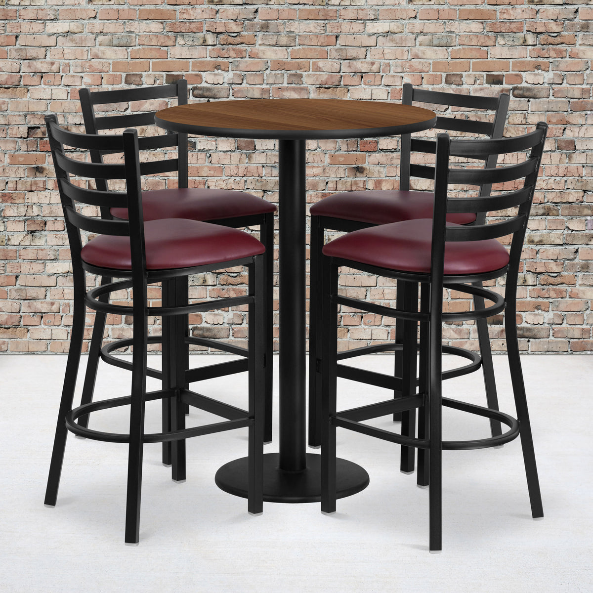 Walnut Top/Burgundy Vinyl Seat |#| 30" Round Walnut Laminate Table with Round Base & 4 Ladder Back Metal Barstools