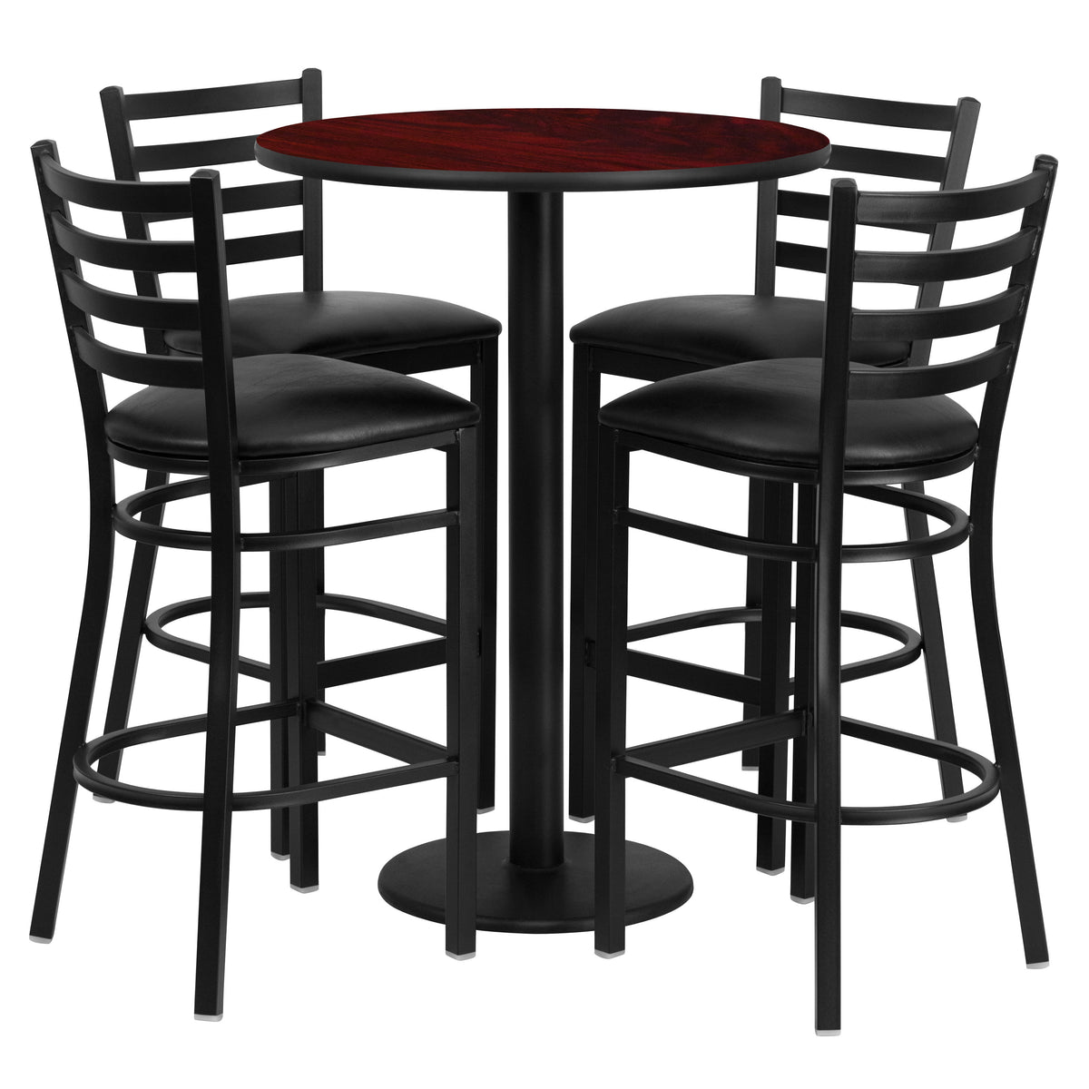 Mahogany Top/Black Vinyl Seat |#| 30" Round Mahogany Laminate Table w/ Round Base & 4 Ladder Back Metal Barstools
