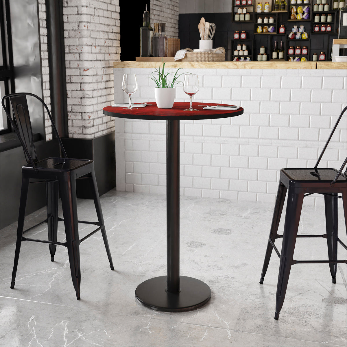 Mahogany |#| 30" Round Mahogany Laminate Table Top with 18" Round Bar Height Table Base