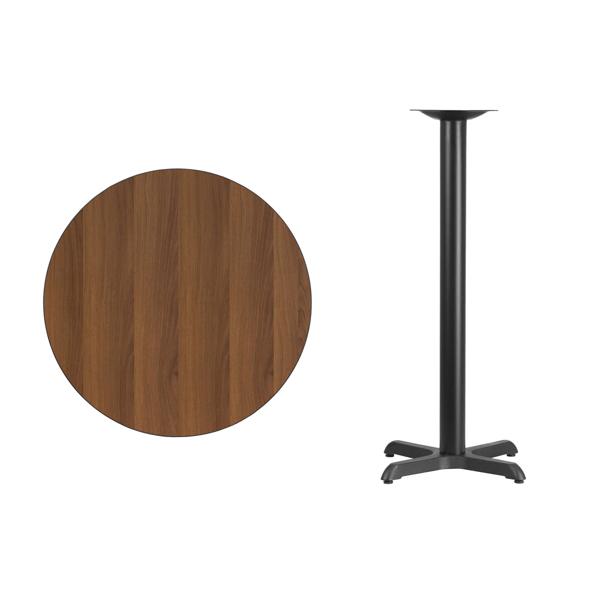 Walnut |#| 30" Round Walnut Laminate Table Top with 22" x 22" Bar Height Table Base