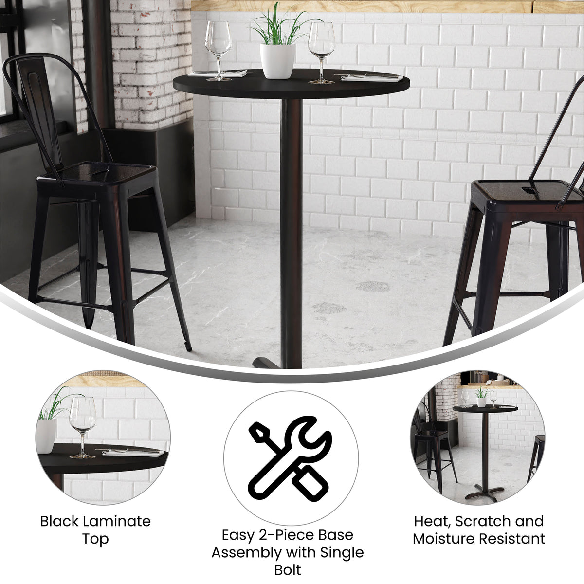 Black |#| 30" Round Black Laminate Table Top with 22" x 22" Bar Height Table Base