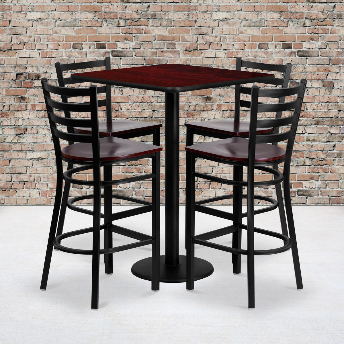 Mahogany Top/Mahogany Wood Seat |#| 30" Square Mahogany Laminate Table Set w/4 Metal Barstools - Mahogany Wood Seat