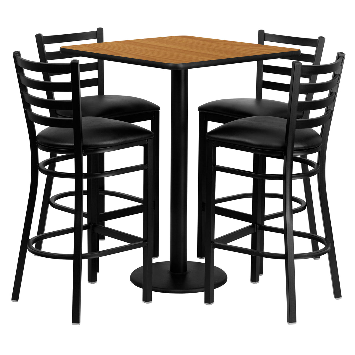 Natural Top/Black Vinyl Seat |#| 30" Square Natural Laminate Table Set with 4 Metal Barstools - Black Vinyl Seat