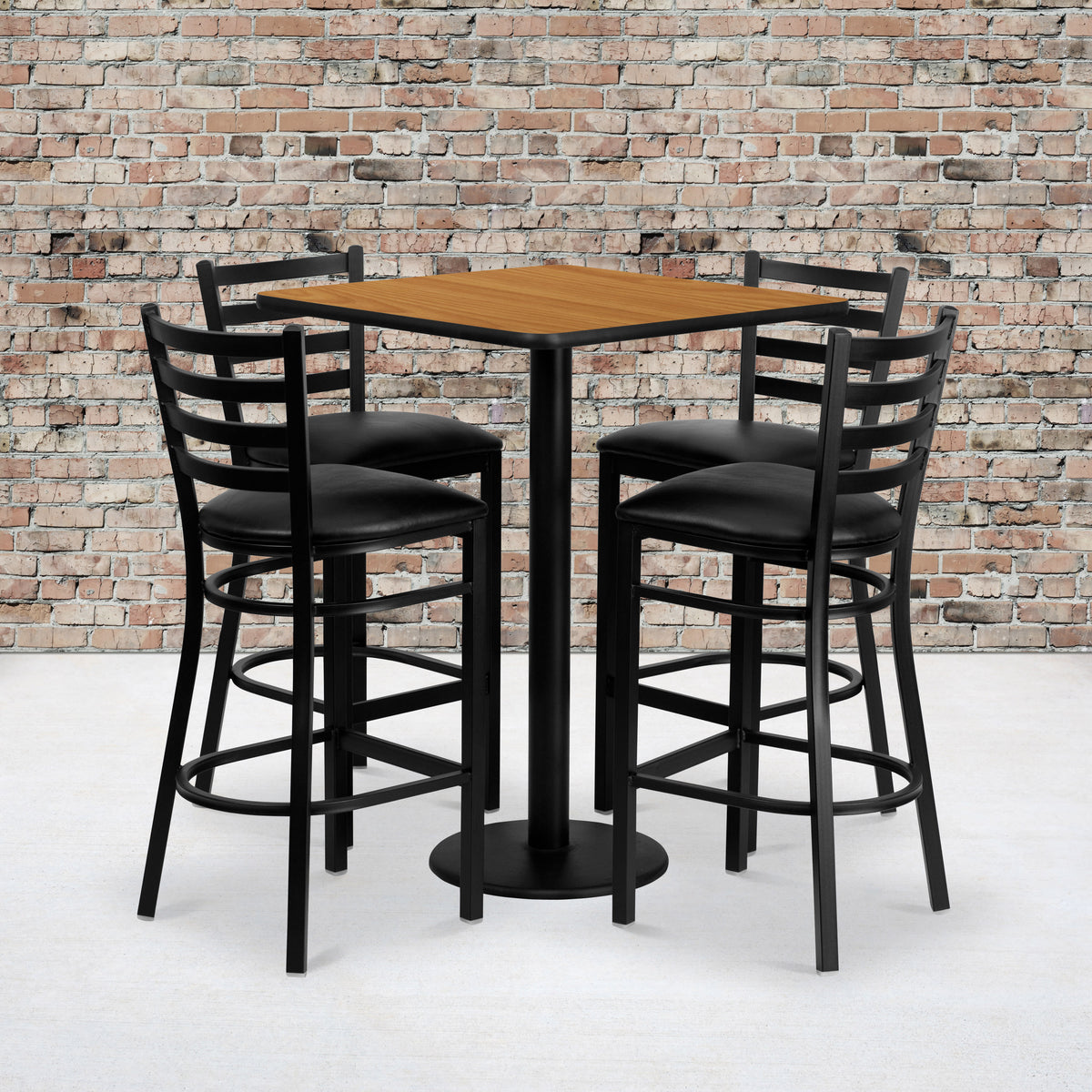 Natural Top/Black Vinyl Seat |#| 30" Square Natural Laminate Table Set with 4 Metal Barstools - Black Vinyl Seat