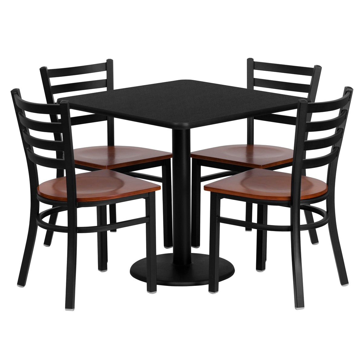 30" Square Black Laminate Table Set with 4 Metal Chairs - Cherry Wood Seat
