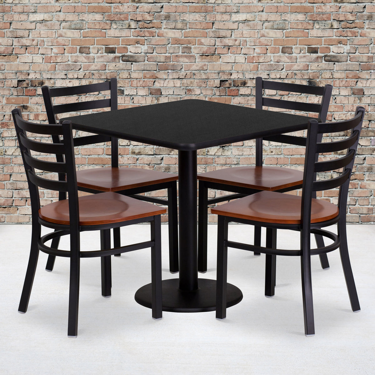 30" Square Black Laminate Table Set with 4 Metal Chairs - Cherry Wood Seat