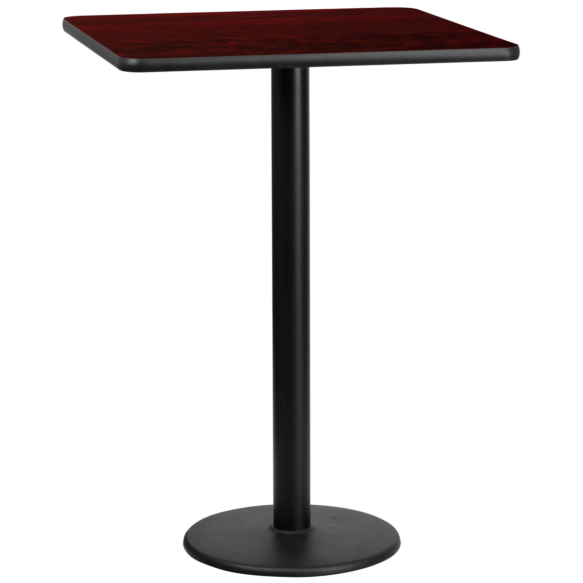 Mahogany |#| 30" Square Mahogany Laminate Table Top with 18" Round Bar Height Table Base